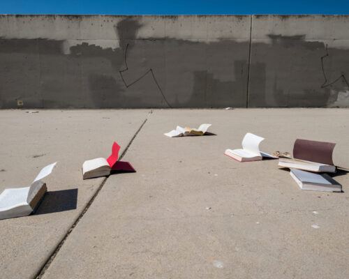 Abandoned books strewn about the empty Sepulveda Damn waterway, part of the LA River Tour April 2013.